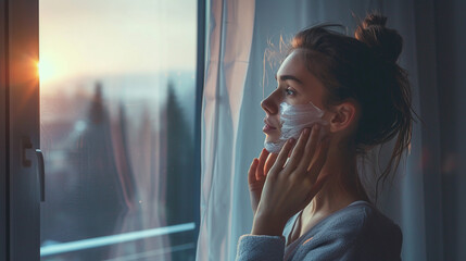 Early morning scene of a young woman by a window, removing a hydrating overnight mask - obrazy, fototapety, plakaty