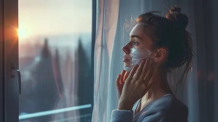 Fotobehang Early morning scene of a young woman by a window, removing a hydrating overnight mask © Creatizen