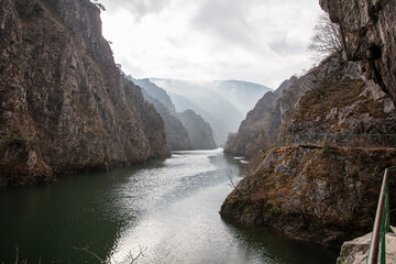 View of beautiful tourist attraction, lake at Matka Canyon in the Skopje surroundings. Macedonia. - 755909264