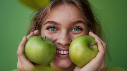 Happy smiling model peeking through a pair of green apples, set against a crisp white background