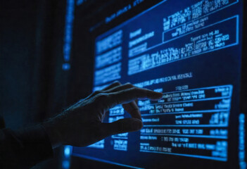Hand touch a display with code. Cyberspace and science development. Business technology concept