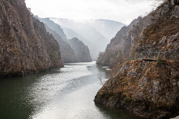 View of beautiful tourist attraction, lake at Matka Canyon in the Skopje surroundings. Macedonia. - 755909469