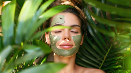 In a tranquil garden, a woman unveils her naturally glowing skin after using an organic green mask - obrazy, fototapety, plakaty