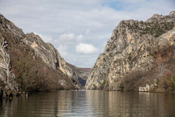 View of beautiful tourist attraction, lake at Matka Canyon in the Skopje surroundings. Macedonia. - 755909630