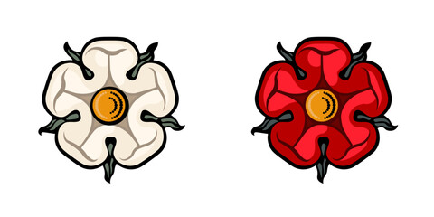 Set of heraldic red and white roses. Symbol, sign, icon, silhouette, tattoo. Isolated vector illustration.