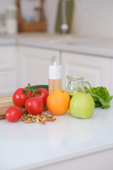 Fresh Vegetables And Fruits On Kitchen Table, Modern Kitchen Interior