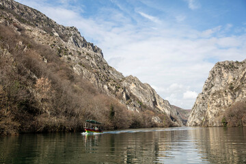 View of beautiful tourist attraction, lake at Matka Canyon in the Skopje surroundings. Macedonia. - 755909800