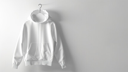 Mockup Minimalistic white hoodie displayed against a clean, neutral background, hanging with grace