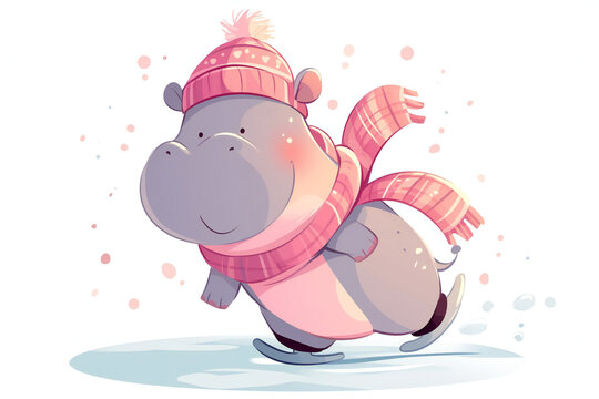 cute, hippo, skate, isolated, winter, cartoon, animal, sport, blue, character, graphic, ice rink, comic, skating, happiness, cross, avatar, scarf, strength, caricature, mascot, tail, hippopotamus