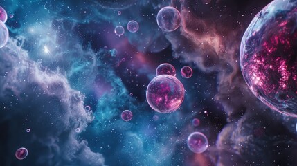 Mystical Cosmic View with Glowing Planets Amidst Starry Nebula Clouds