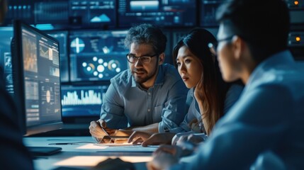 IT specialists collaborate in a high-tech environment, analyzing and discussing complex data displayed on a large screen. AIG41