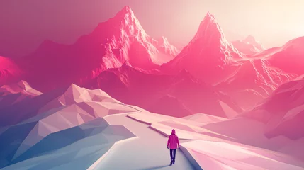 Rolgordijnen A lone figure in red walks amidst surreal, pink and white snowy mountains © RuslanWowAI