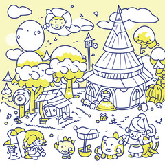 fantasy kids village, poster style storybook yellow blue ukrain flag, vector illustration line art