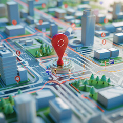 Red pin on a digital city map highlighting an eco-friendly transportation hub - obrazy, fototapety, plakaty