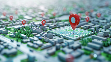 Red pin on a digital city map highlighting an eco-friendly transportation hub - obrazy, fototapety, plakaty