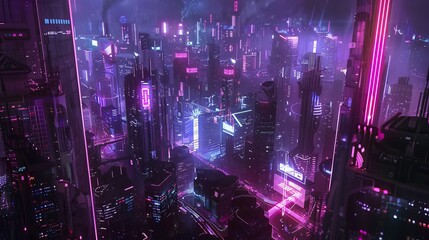 Futuristic Cityscape at Night with Illuminated Skyscrapers and Neon Lights