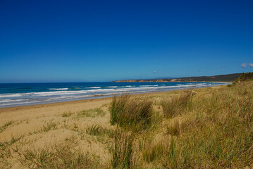 Fototapeta na wymiar A lighthouse is seen in the distance on a beautiful clear day at Guvvos beach near Anglesea on the Great Ocean Road in southern Victoria, Australia.