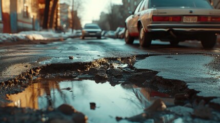 A stark contrast emerges as city roads display deep cracks and gaping holes, revealing infrastructure in dire need of repair. - obrazy, fototapety, plakaty