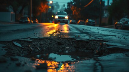 A stark contrast emerges as city roads display deep cracks and gaping holes, revealing infrastructure in dire need of repair.
