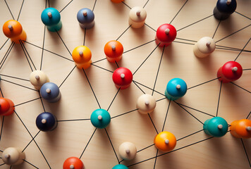 business network with colorful pins attached stock photo, in the style of juxtaposition of hard and soft lines сreated with Generative Ai