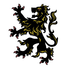 Heraldic lion illustration. Template, pattern, symbol, sign, line, icon, silhouette, tattoo, colorful. Isolated vector illustration.