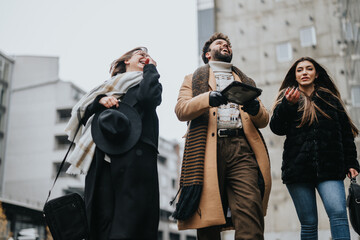 A vibrant team of young people collaborate with enthusiasm as snowflakes fall around them,...