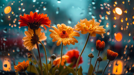 Vibrant flowers on rainy window with bokeh lights