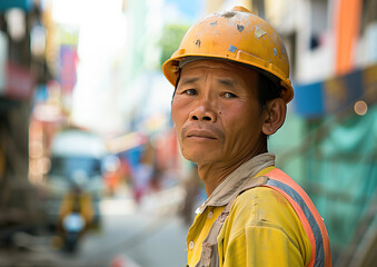 Portrait of a Middle Aged Asian Construction Worker with yellow helmet at the Construction Site.