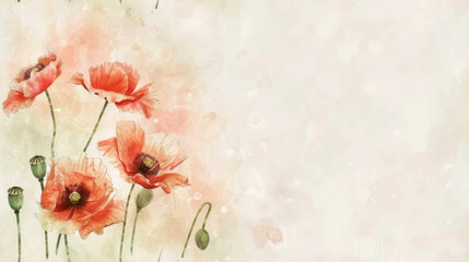 Delicate red poppies watercolor illustration with a soft bokeh effect on a white background