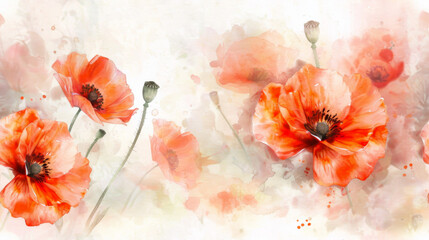 Abstract watercolor painting of red poppies on a pastel background