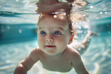 Baby swimming underwater in the pool.