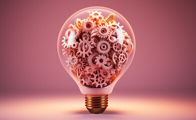 GIANT lightbulb made in small gears, pink background сreated with Generative Ai