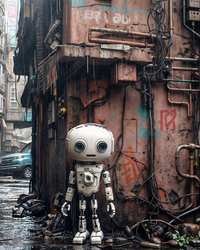 A small robot stands in a rain-soaked alleyway. Run-down pink building with graffiti and a robot.