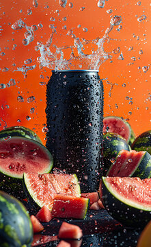 A black jar with splashes and juicy slices of watermelon
