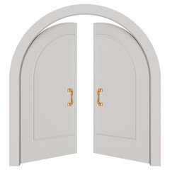 3d illustration of slightly open white arched double doors isolated.