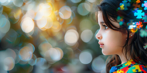 Little girl with autism on blurred background with puzzle pieces. Child mental health. Autism spectrum disorder concept, ASD. World autism awareness day