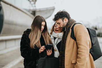 A young business team collaborates on a project outdoors, stylishly dressed for winter, engrossed...