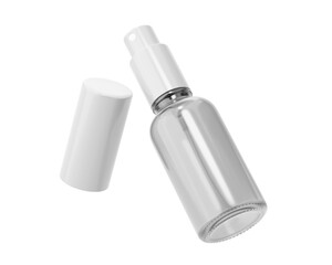 Blank white clear glass cosmetic spray bottle Isolated On Transparent Background. cosmetic packaging. 3D Render.