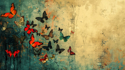 Assorted butterflies on a rustic distressed background