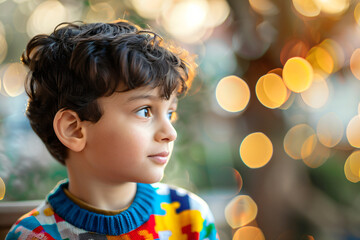 Little boy with autism on blurred background with puzzle pieces. Child mental health. Autism spectrum disorder concept, ASD. World autism awareness day