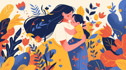Flat illustration of a mother hugging a daughter in celebration of mother's day
