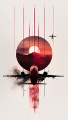 A plane above a city, surrounded by abstract, artistic red and white elements