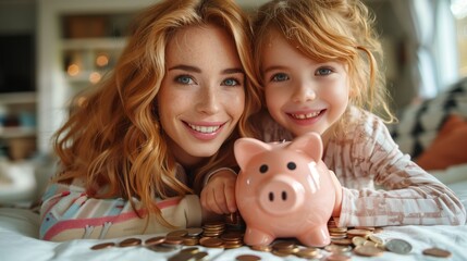 A woman and a little girl with a piggy bank, both smiling, laying on a bed