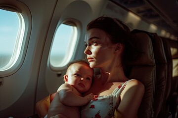 Amidst the hum of airplane engines, a happy mother and her child share a moment of togetherness, embodying the essence of motherhood and exploration