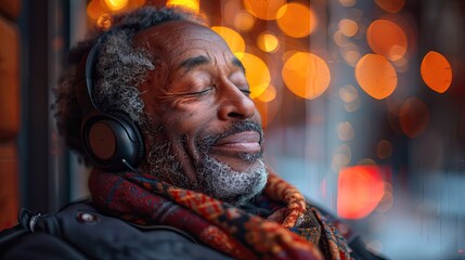 Afro American man wearing headphones, eyes closed in enjoyment, listening music at home