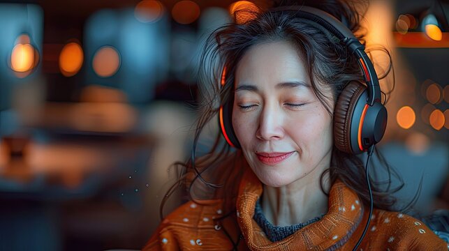 Asian Woman Wearing Headphones, Eyes Closed In Enjoyment, Listening Music At Home