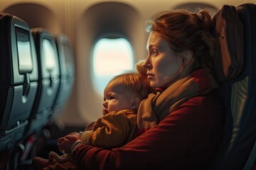 Amidst the hum of airplane engines, a happy mother and her child share a moment of togetherness, embodying the essence of motherhood and exploration - obrazy, fototapety, plakaty