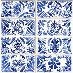 seamless dutch delft tile pattern, aged, weathered, distressed, illustration, pen and ink drawing 