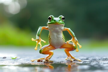 With legs extended in a powerful leap, a frog personifies the vibrant motion of the natural world