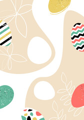 easter background, beige background with eggs scattered along the contour. Trendy Easter design with typography, hand painted strokes and dots and eggs  in pastel colors. Modern minimal style.